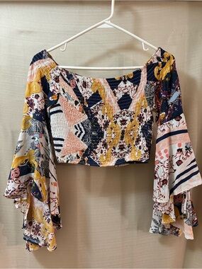 Jaase Boho Off Shoulder Smocked Crop Top Bell Sleeve Festival Blouse Medium